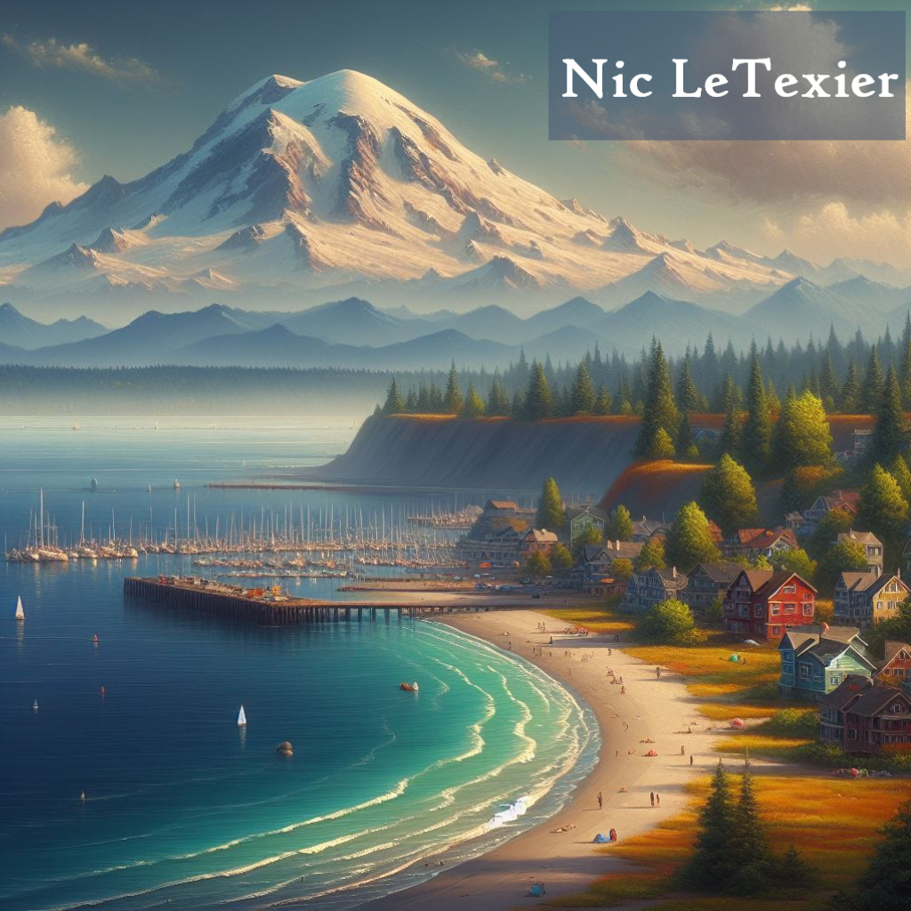 A close up view of a Seattle beach with mount Rainer in the background. Like a Bob Ross paint